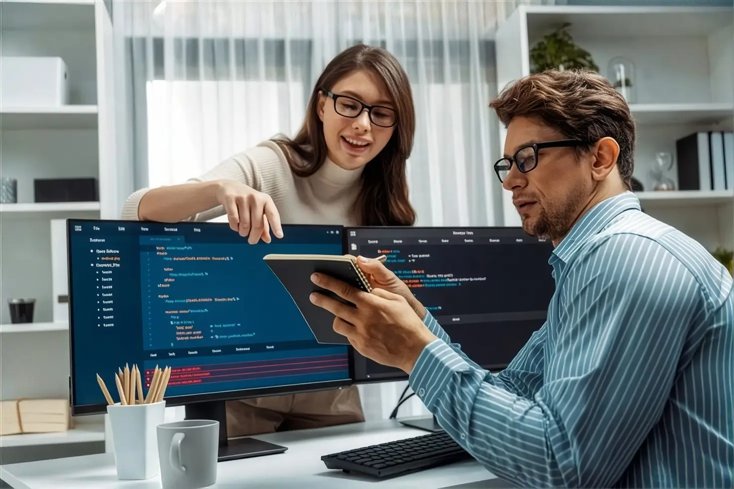 Two developers pair programming at a desk