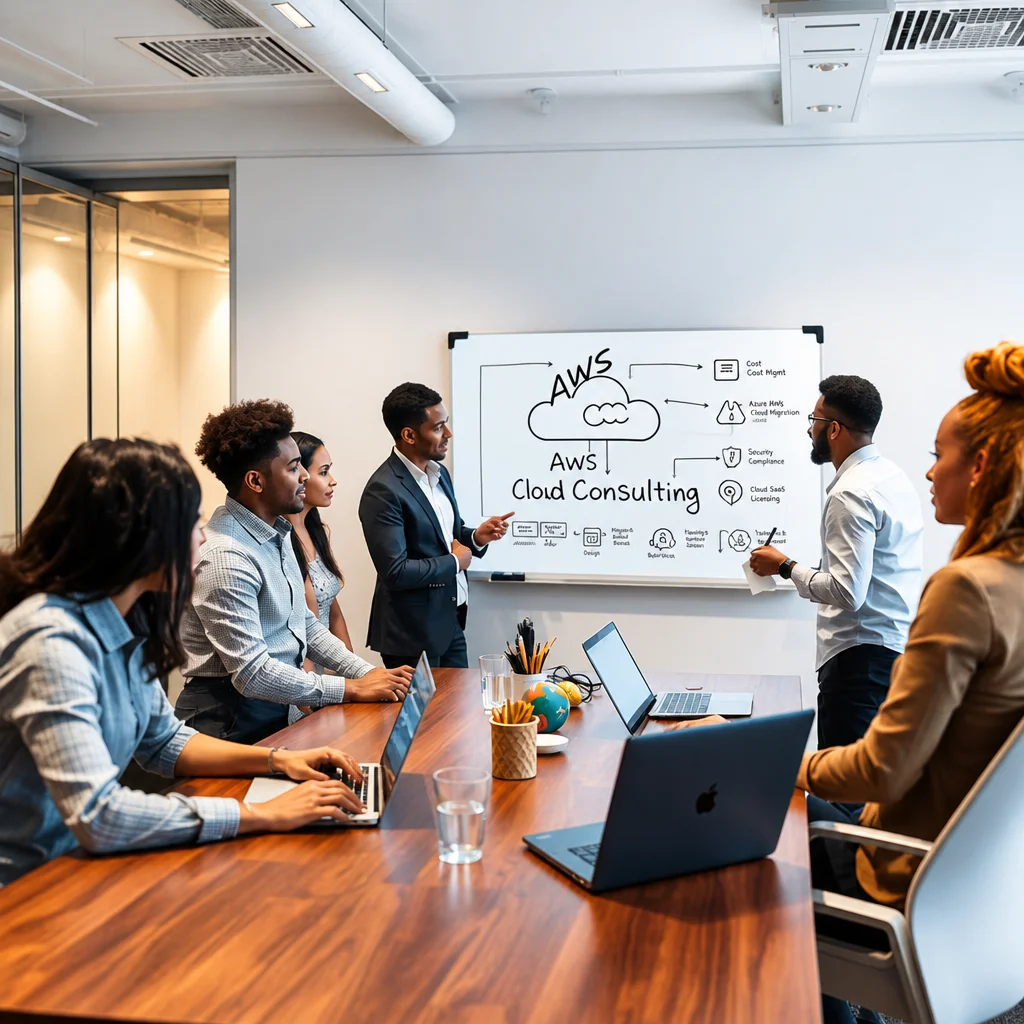 Team meeting with a whiteboard presentation