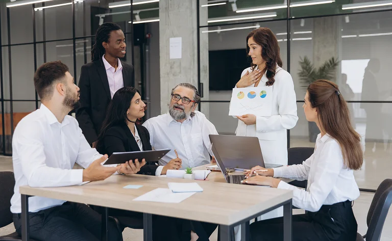 professional team discussing business data